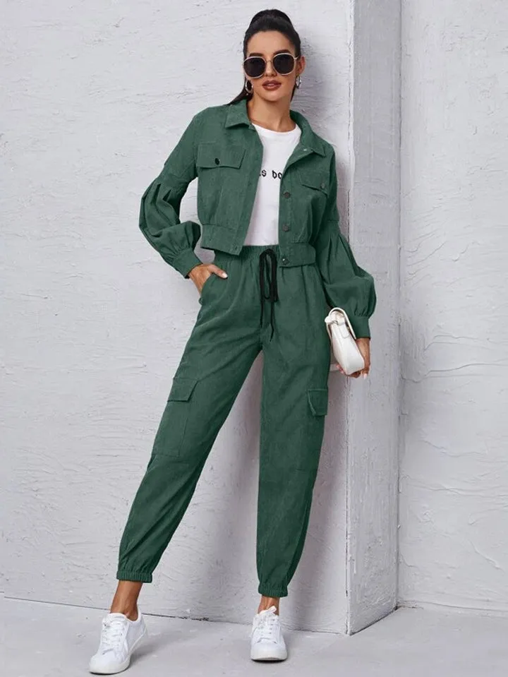 Corduroy Flap Detail Jacket With Tie Front Cargo Pants