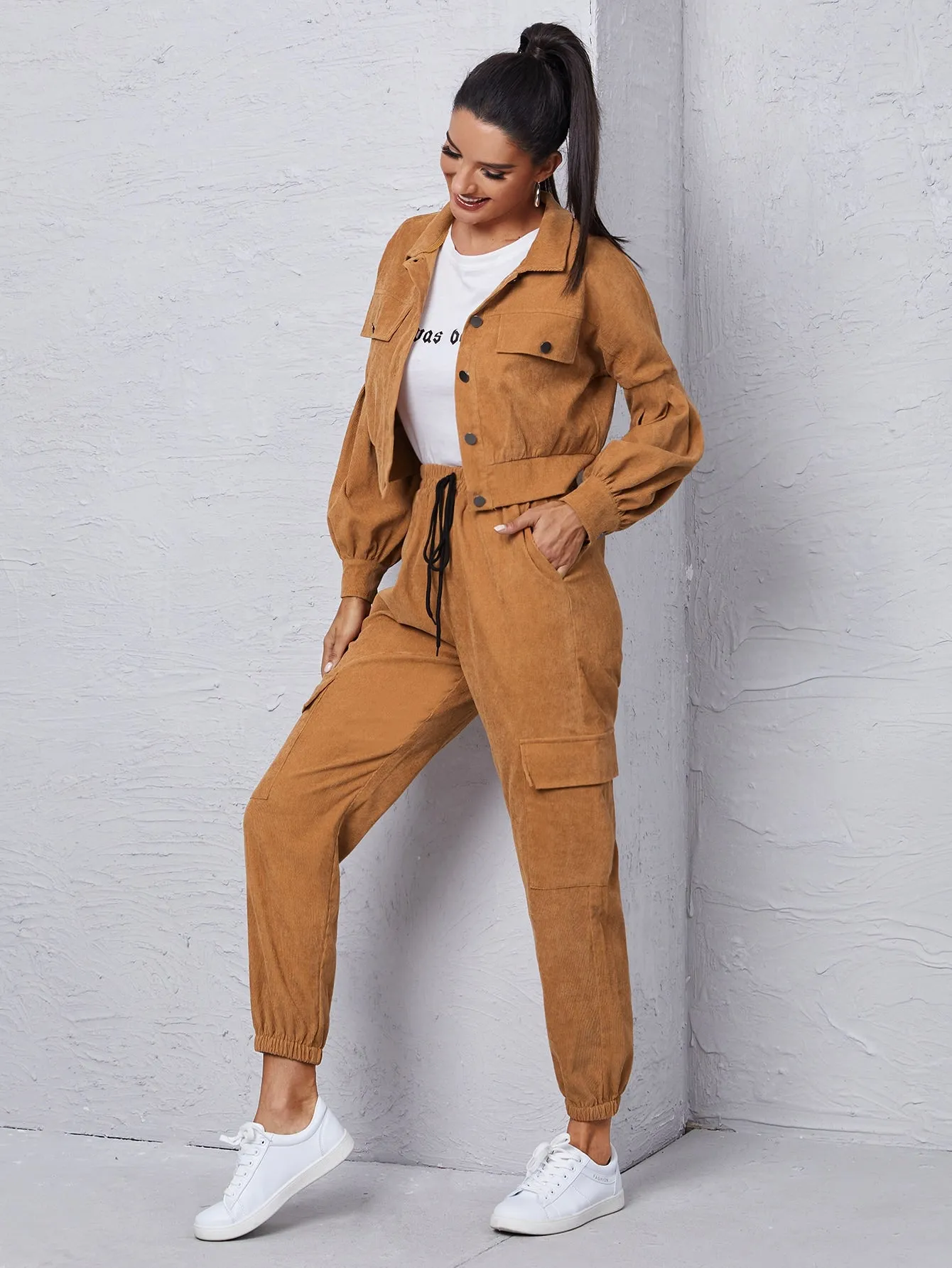 Corduroy Flap Detail Jacket With Tie Front Cargo Pants