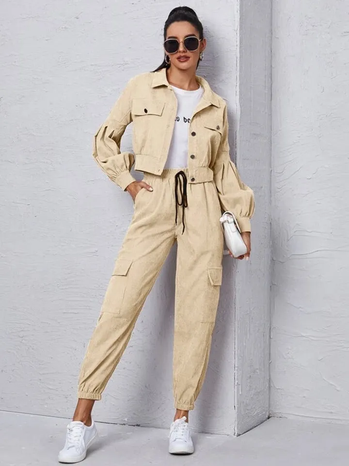 Corduroy Flap Detail Jacket With Tie Front Cargo Pants