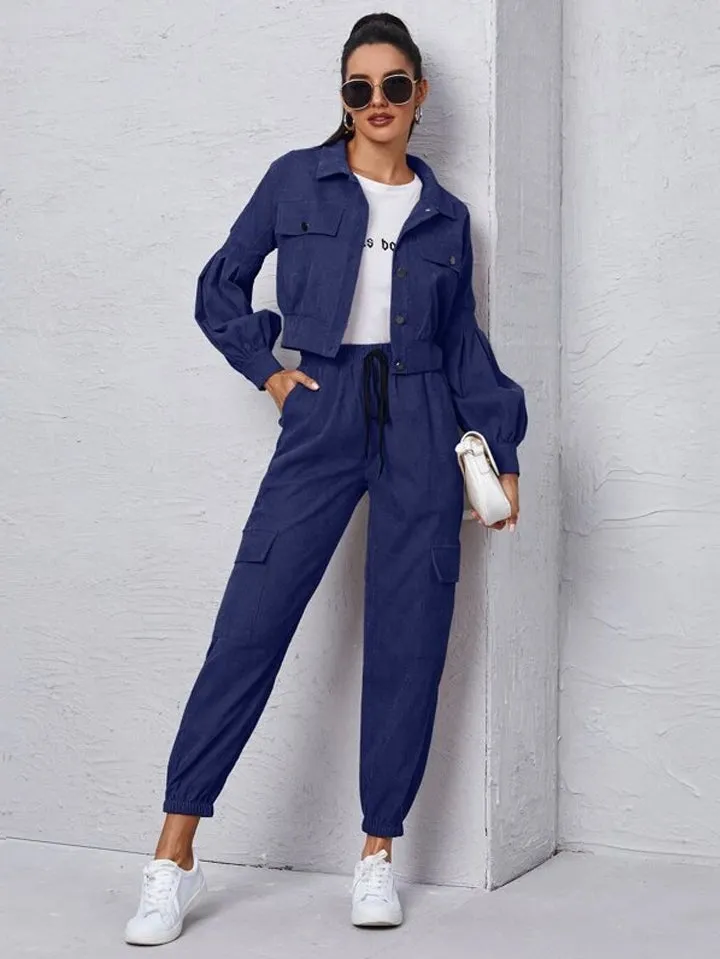 Corduroy Flap Detail Jacket With Tie Front Cargo Pants