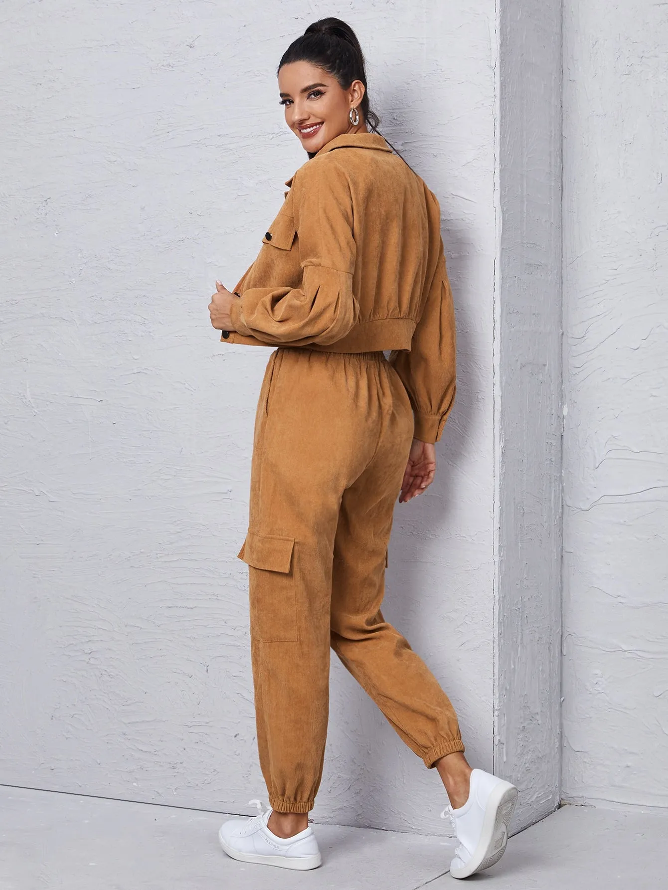 Corduroy Flap Detail Jacket With Tie Front Cargo Pants