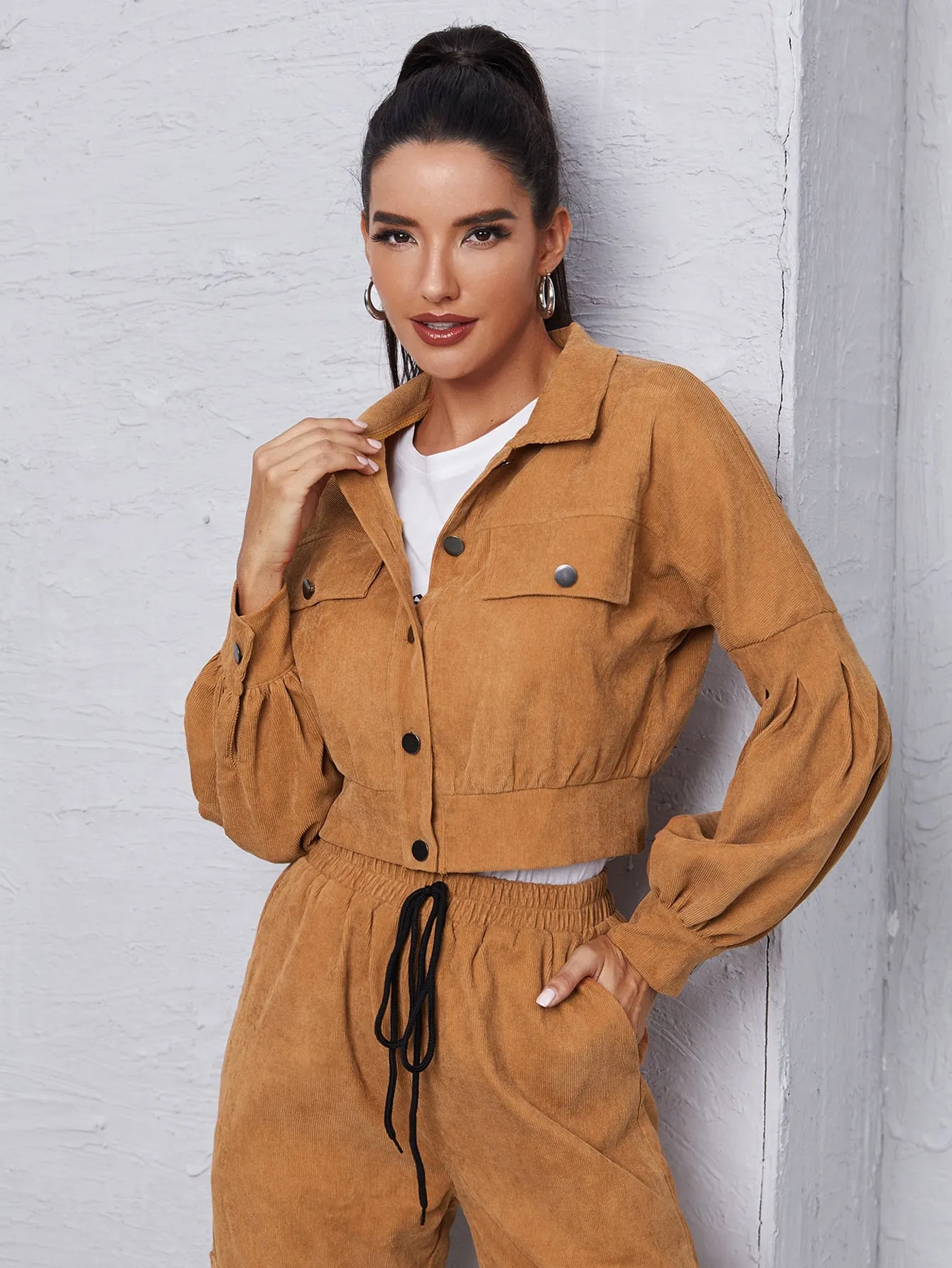Corduroy Flap Detail Jacket With Tie Front Cargo Pants