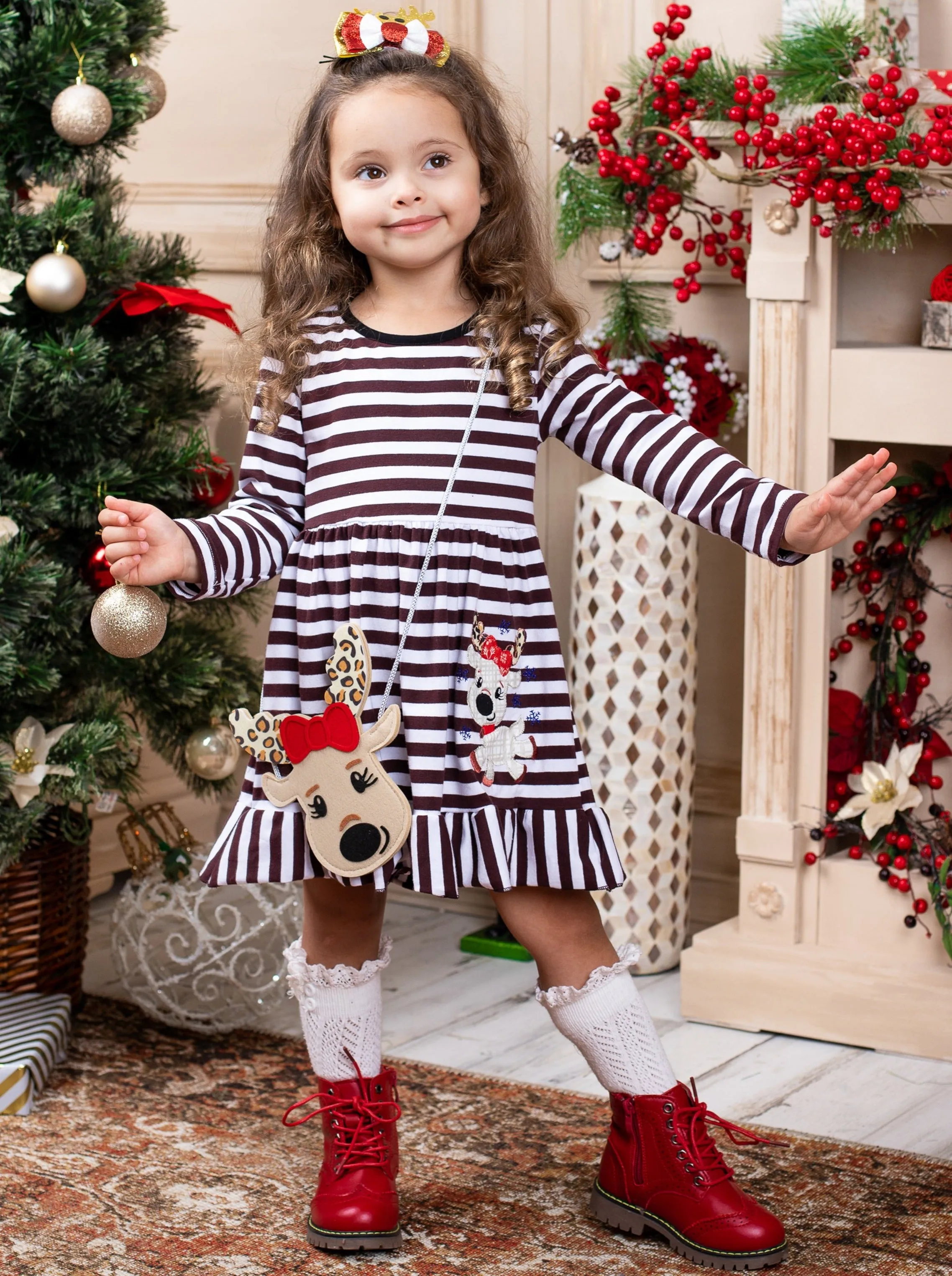 Cutest Reindeer Striped Dress, Purse and Hair Bow Set