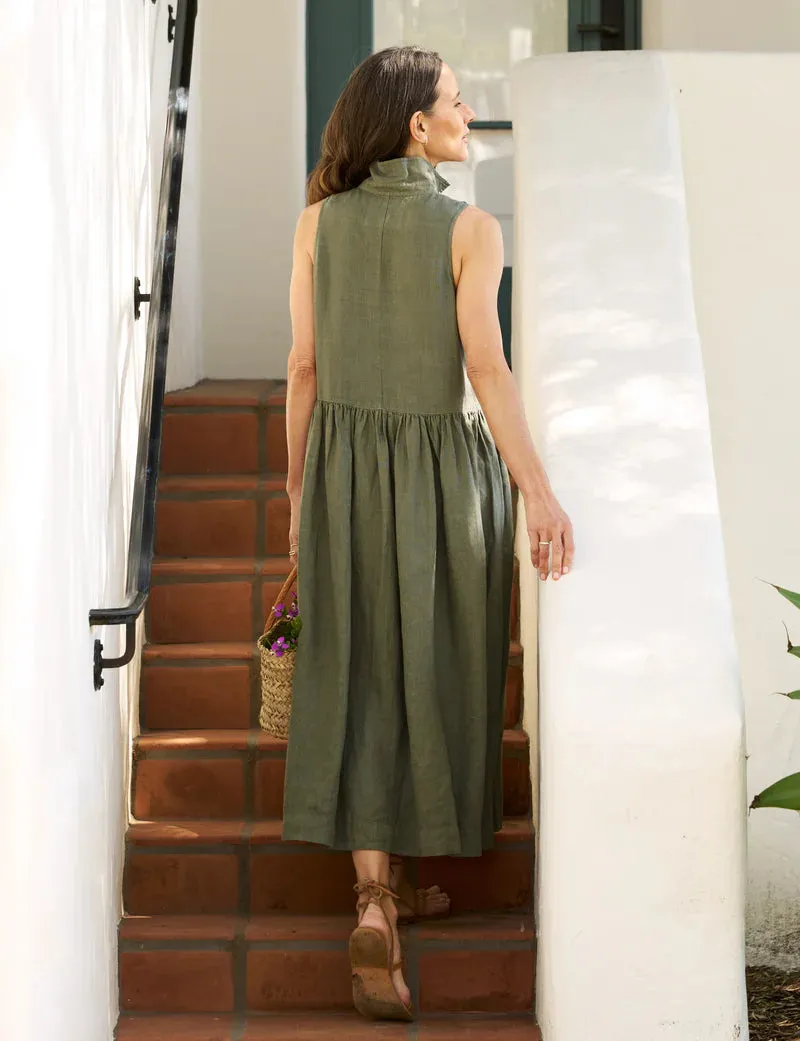 DAPHNE Linen Sleeveless Dress in Olive