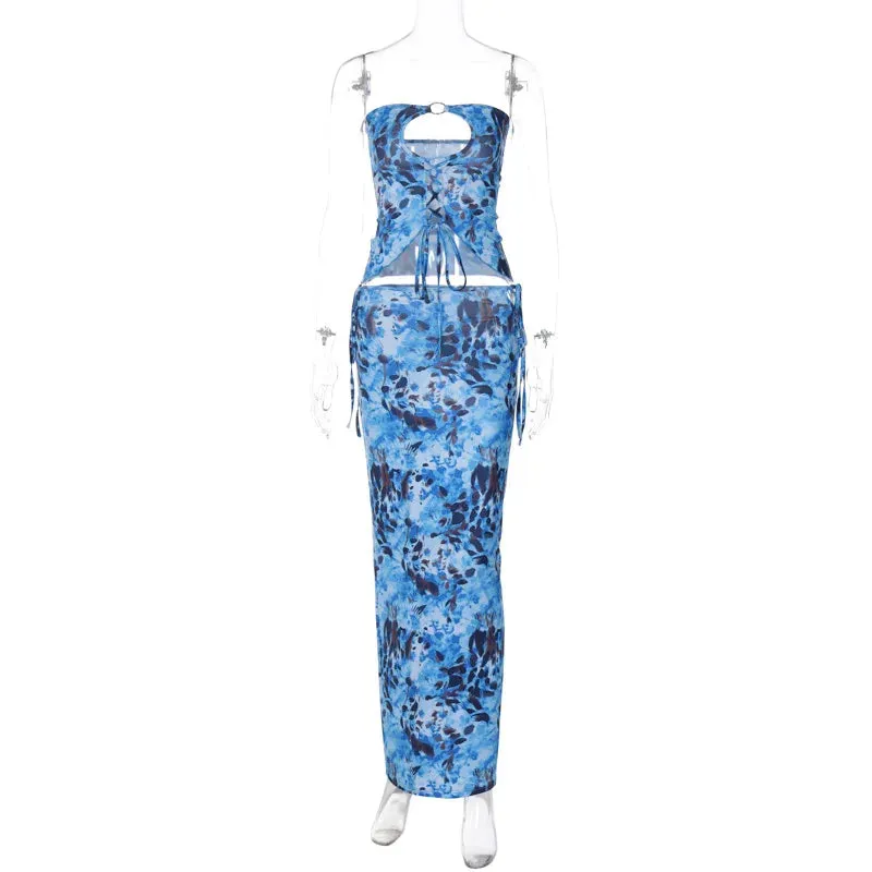 Elegant Fashion Print Sexy Cut Out Strapless Lace Up Maxi Dress