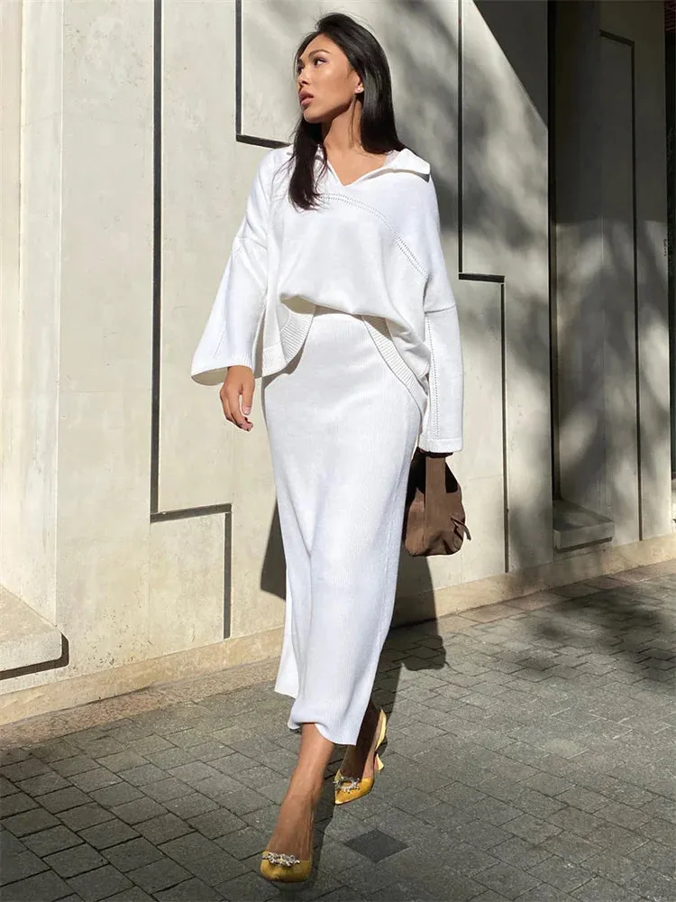 Flytonn Autumn 2 Piece-Set Maxi Skirt Female V-Neck Loose Patchwork Fashion Pullover And Long Skirt Sets Elegant Ladies Outfits