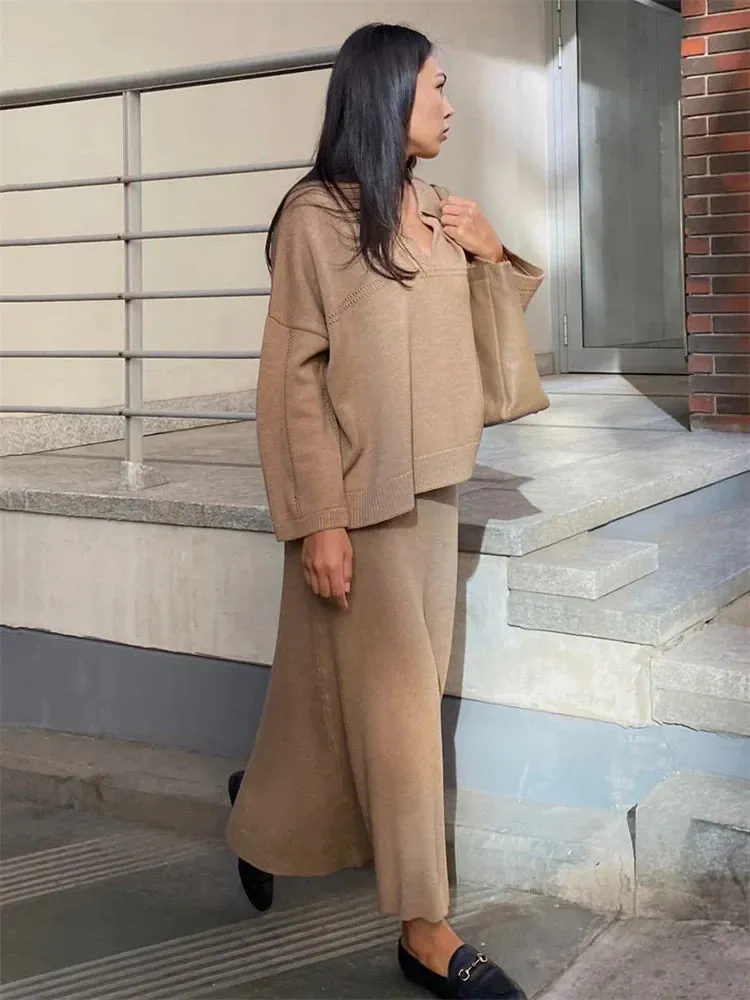 Flytonn Autumn 2 Piece-Set Maxi Skirt Female V-Neck Loose Patchwork Fashion Pullover And Long Skirt Sets Elegant Ladies Outfits