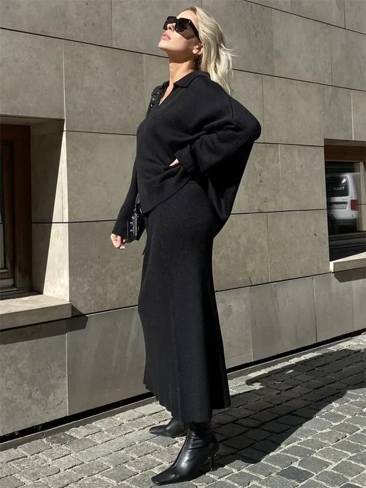 Flytonn Autumn 2 Piece-Set Maxi Skirt Female V-Neck Loose Patchwork Fashion Pullover And Long Skirt Sets Elegant Ladies Outfits