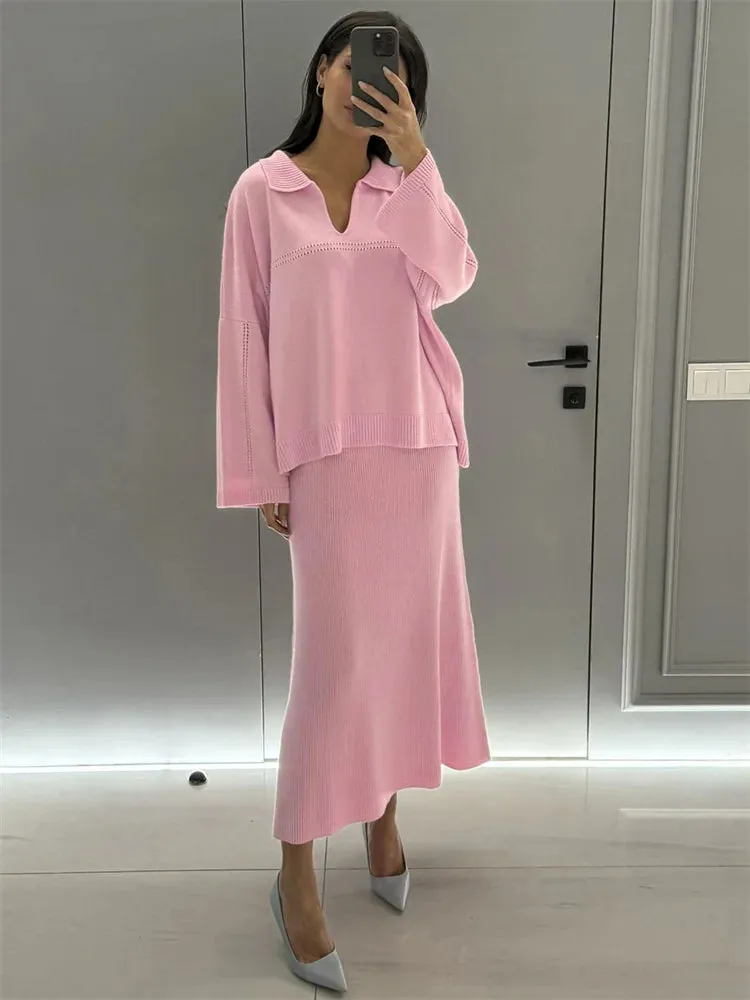 Flytonn Autumn 2 Piece-Set Maxi Skirt Female V-Neck Loose Patchwork Fashion Pullover And Long Skirt Sets Elegant Ladies Outfits
