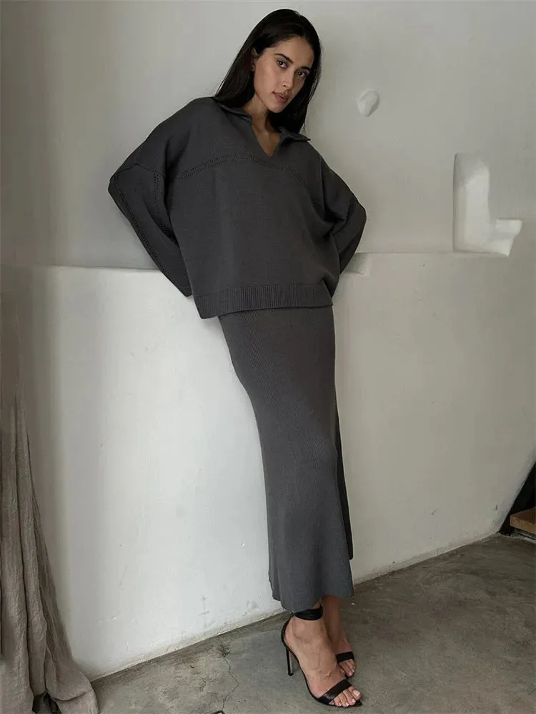 Flytonn Autumn 2 Piece-Set Maxi Skirt Female V-Neck Loose Patchwork Fashion Pullover And Long Skirt Sets Elegant Ladies Outfits