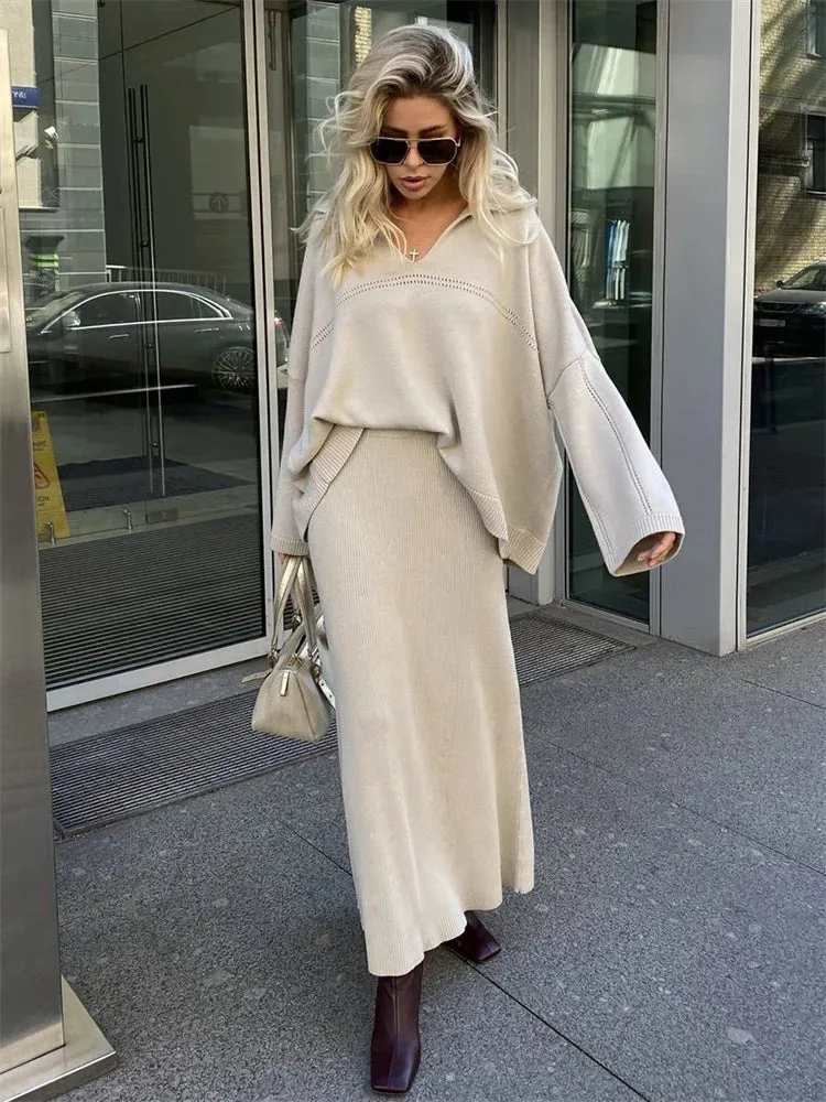 Flytonn Autumn 2 Piece-Set Maxi Skirt Female V-Neck Loose Patchwork Fashion Pullover And Long Skirt Sets Elegant Ladies Outfits