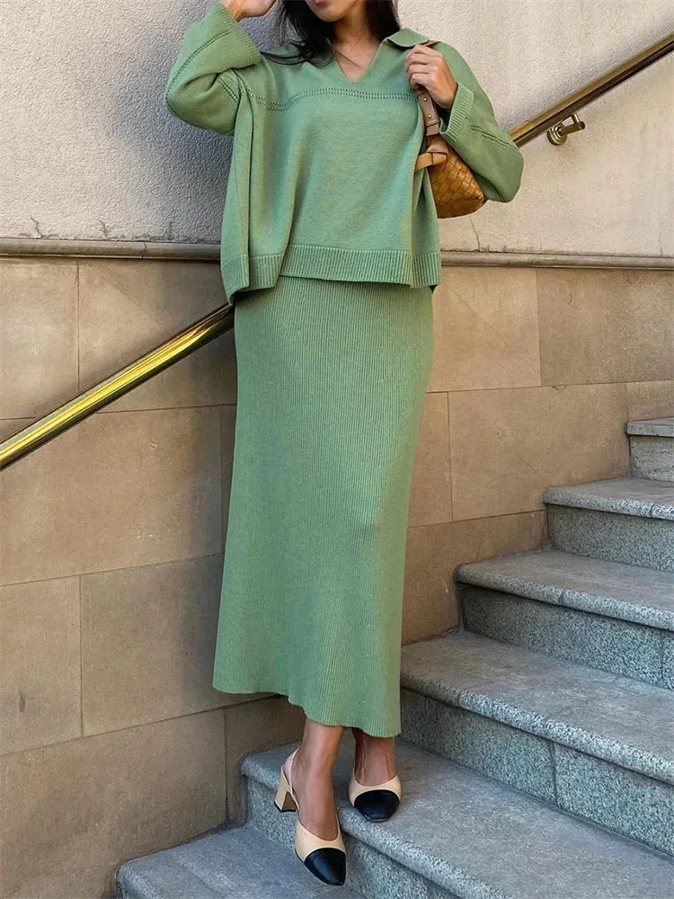 Flytonn Autumn 2 Piece-Set Maxi Skirt Female V-Neck Loose Patchwork Fashion Pullover And Long Skirt Sets Elegant Ladies Outfits