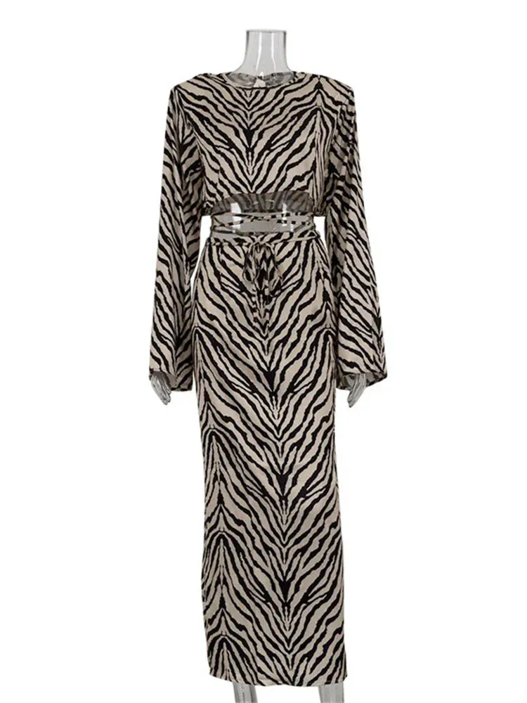 Flytonn Zebra Printed 2 Piece-Set Long Skirt For Women Striped Lace-Up Cropped Top And High Waist Fashion Maxi Skirt Outfits 2024
