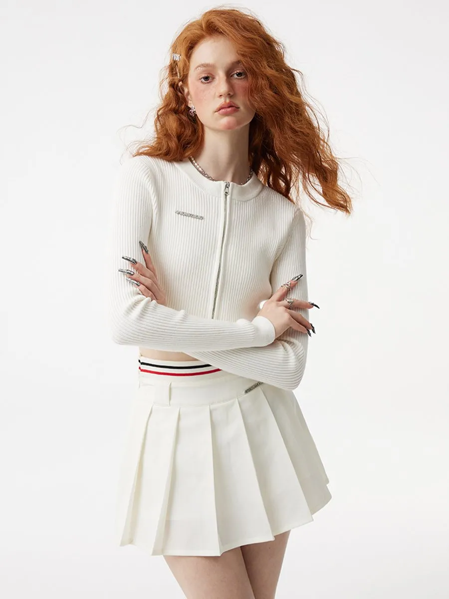 Front-Zip Crooped Jacket, Cropped Tank Top and Pleated Mini Skirt VVO0020