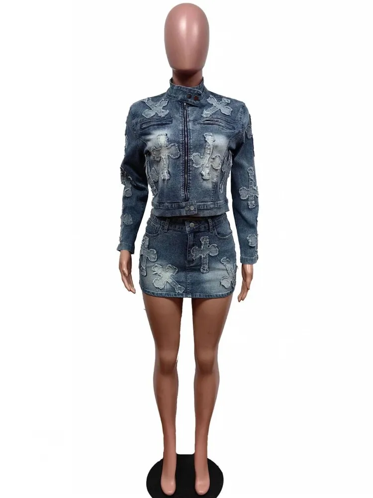 Girlary Denim 2 Piece Set Women 2024 Spring Dashiki African Pocket Skirt Sets High Waist Skirt Mujer Matching Sets Denim Jacket Outfit