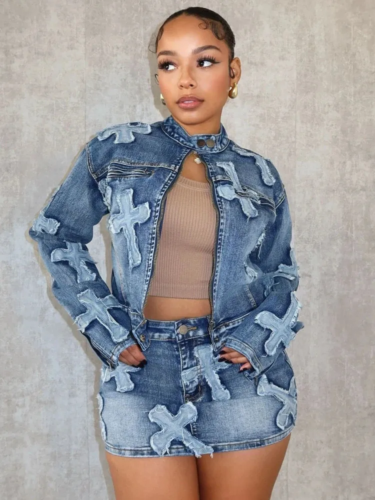 Girlary Denim 2 Piece Set Women 2024 Spring Dashiki African Pocket Skirt Sets High Waist Skirt Mujer Matching Sets Denim Jacket Outfit