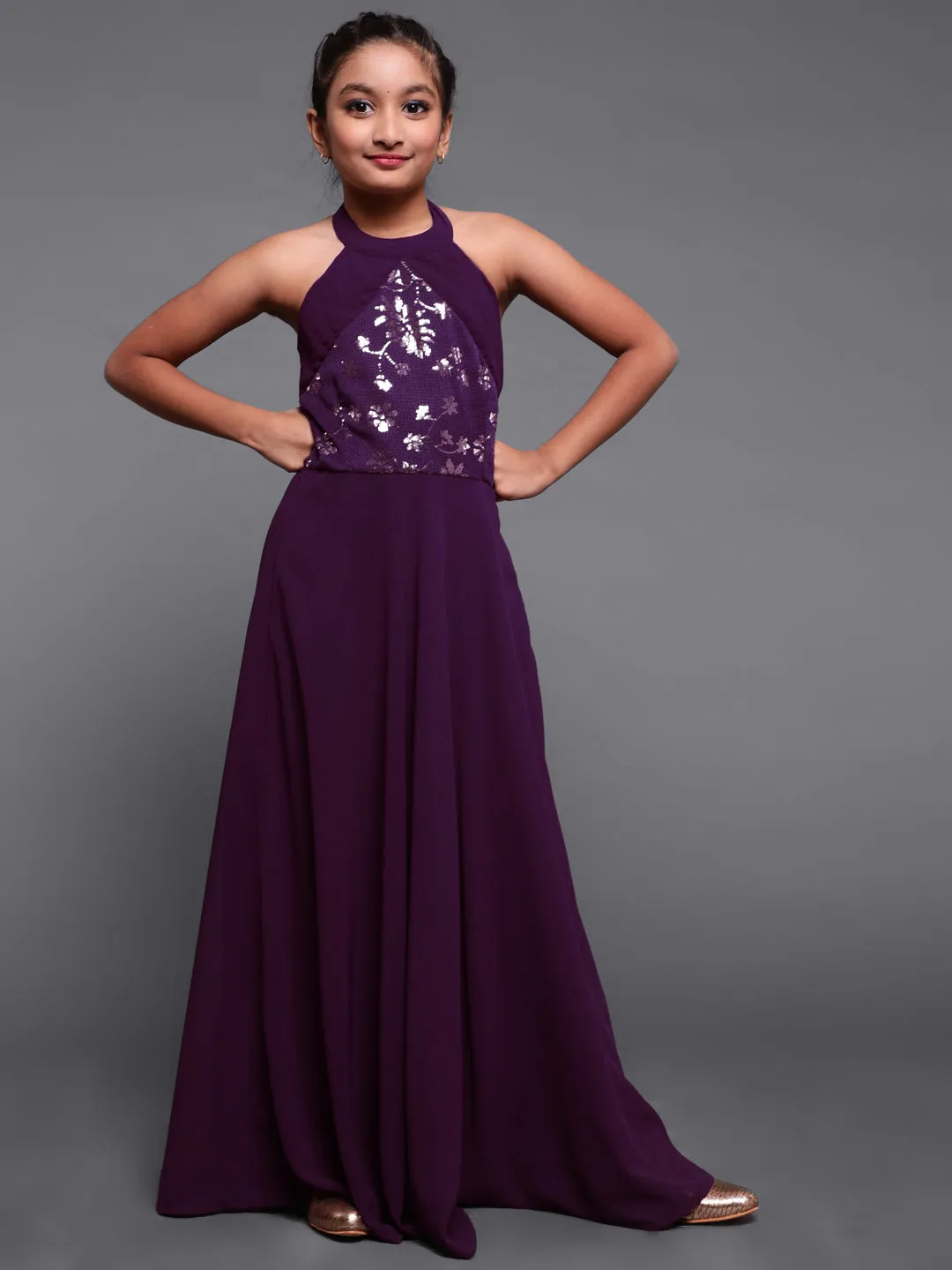 Girl's Purple Sequined Flared Maxi Dress - Aks Girls