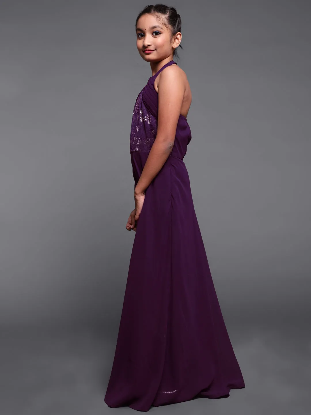 Girl's Purple Sequined Flared Maxi Dress - Aks Girls