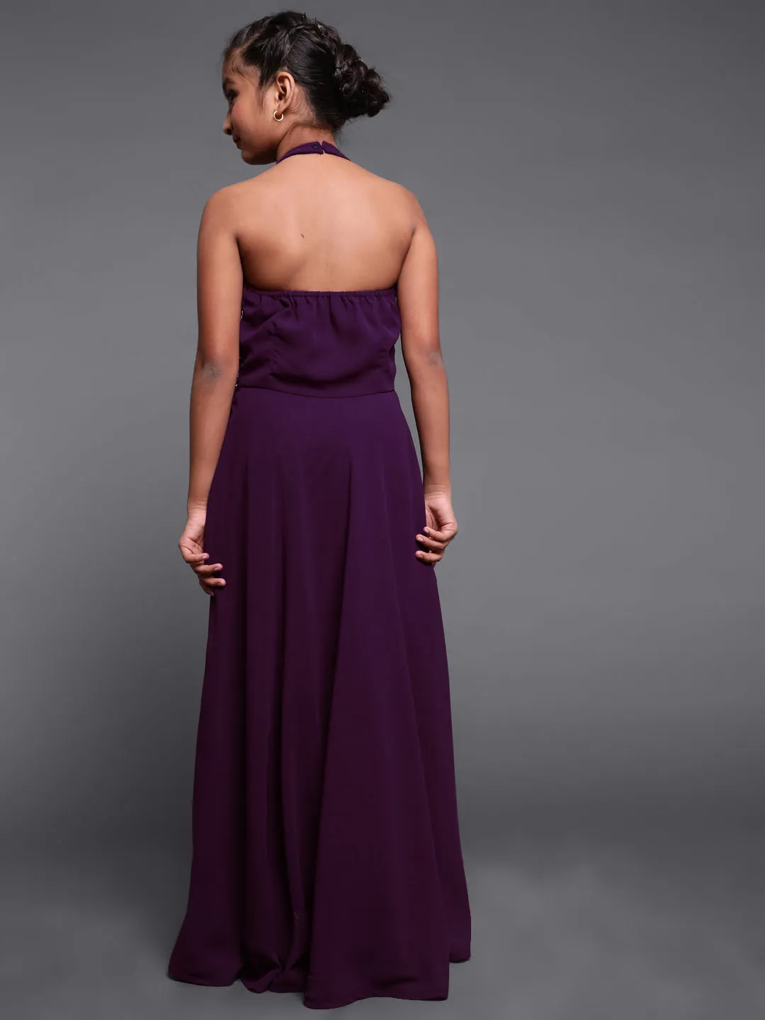 Girl's Purple Sequined Flared Maxi Dress - Aks Girls