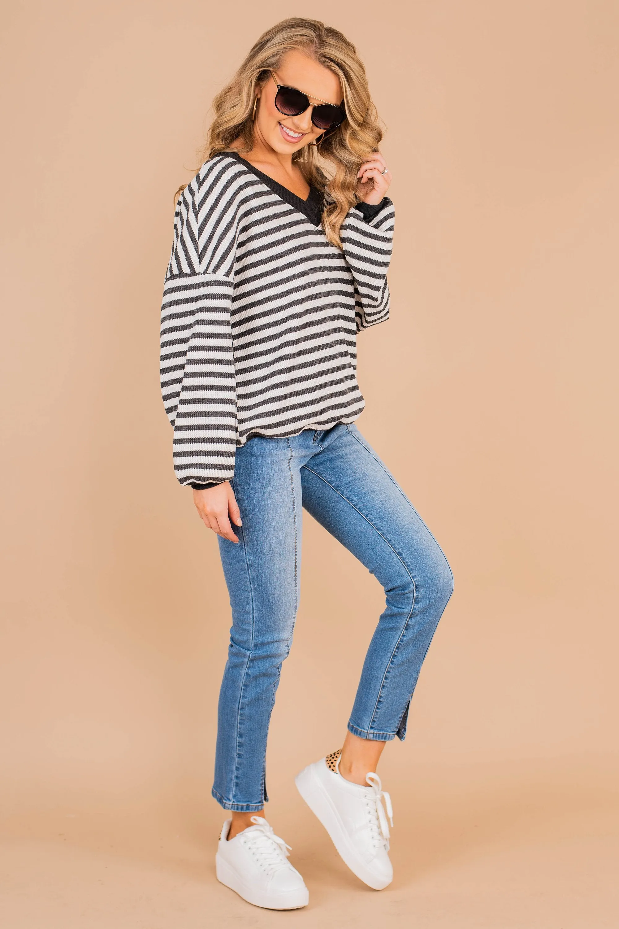 Give Me Love Charcoal Gray Striped Waffle Sweater