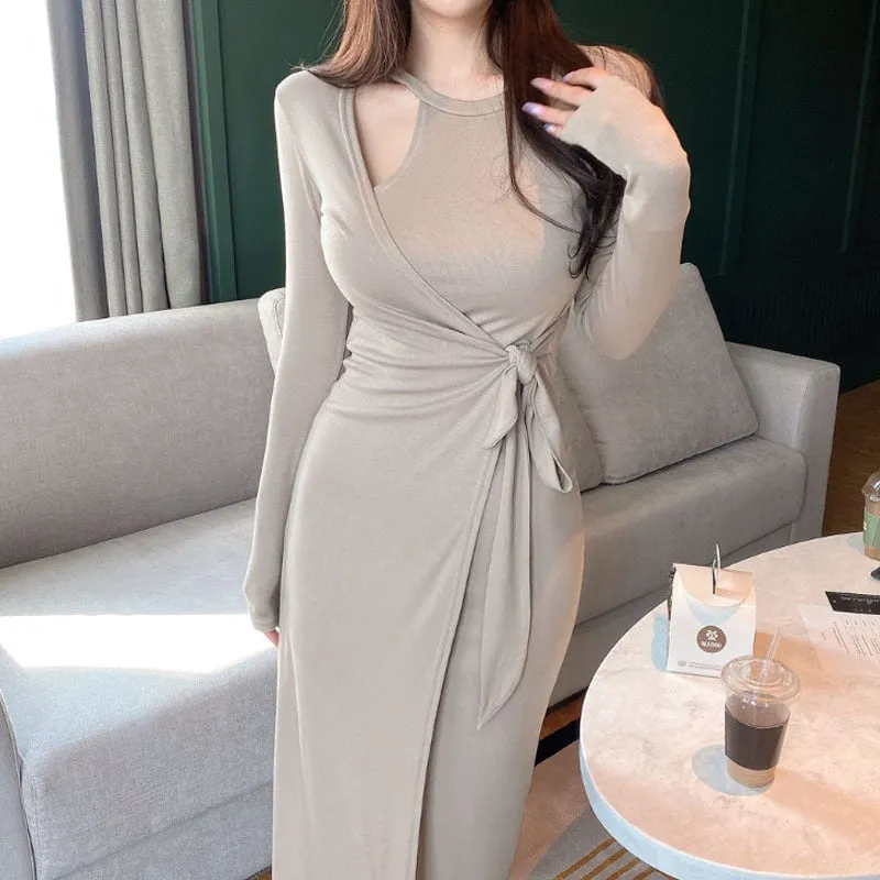Graduation Gifts  Korea 2022 Autumn Winter New Body Feminine Irregular Side Bandage Slim Sexy Split Dress Maxi Long Dresses  S8HD