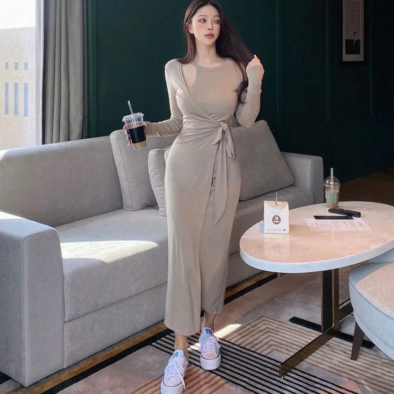 Graduation Gifts  Korea 2022 Autumn Winter New Body Feminine Irregular Side Bandage Slim Sexy Split Dress Maxi Long Dresses  S8HD