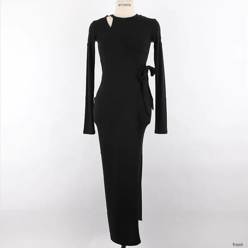 Graduation Gifts  Korea 2022 Autumn Winter New Body Feminine Irregular Side Bandage Slim Sexy Split Dress Maxi Long Dresses  S8HD
