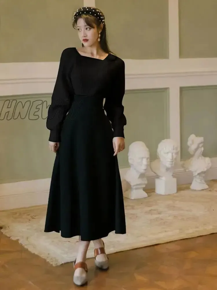 Hnewly Winter Women Two Piece Set Vintage White Long Sleeve Pullover Sweater & Black Bandage Maxi Skirt Suit Elegant Lady Outfits
