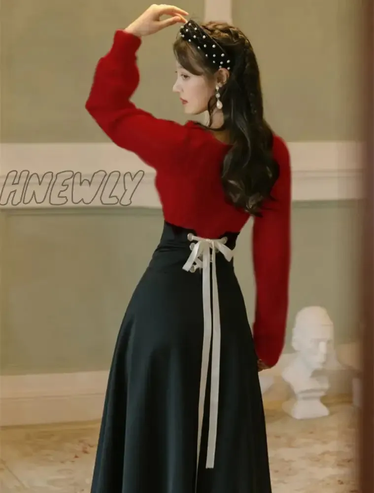Hnewly Winter Women Two Piece Set Vintage White Long Sleeve Pullover Sweater & Black Bandage Maxi Skirt Suit Elegant Lady Outfits