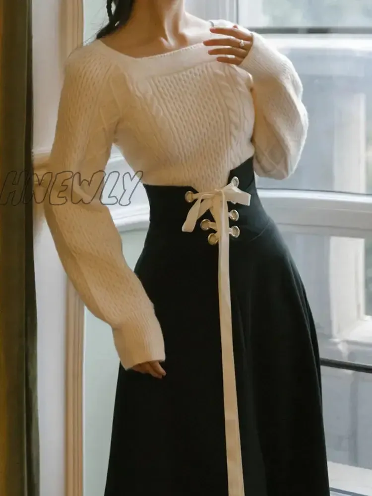 Hnewly Winter Women Two Piece Set Vintage White Long Sleeve Pullover Sweater & Black Bandage Maxi Skirt Suit Elegant Lady Outfits