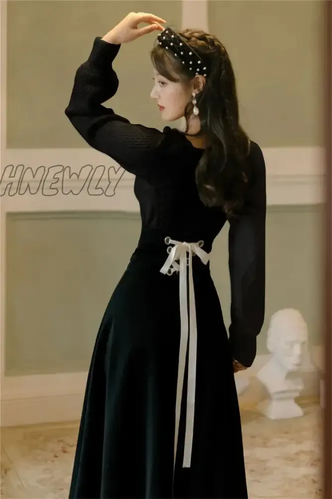 Hnewly Winter Women Two Piece Set Vintage White Long Sleeve Pullover Sweater & Black Bandage Maxi Skirt Suit Elegant Lady Outfits