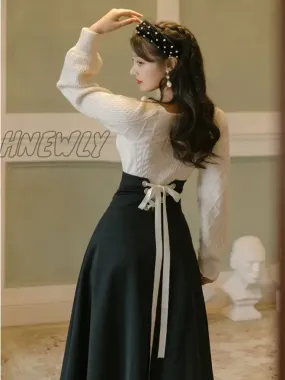 Hnewly Winter Women Two Piece Set Vintage White Long Sleeve Pullover Sweater & Black Bandage Maxi Skirt Suit Elegant Lady Outfits