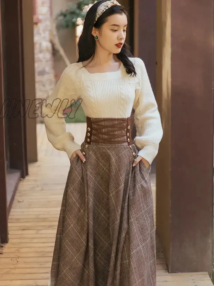 Hnewly Winter Women Two Piece Set Vintage White Long Sleeve Pullover Sweater & Black Bandage Maxi Skirt Suit Elegant Lady Outfits