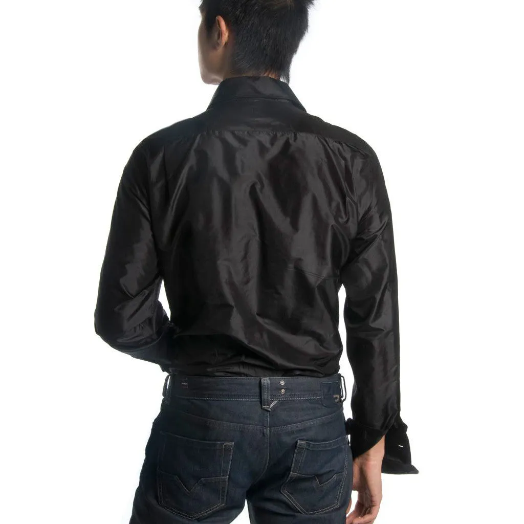 Indo-French Cuff Black Silk Men's Shirt