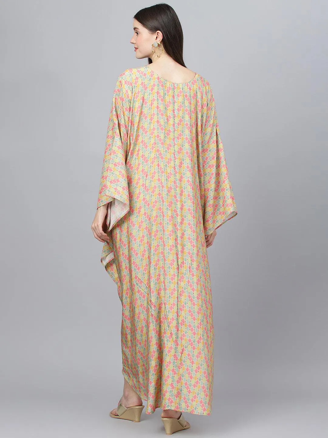 Jashvi Multi Color Printed Muslin Flared Kaftan Dress