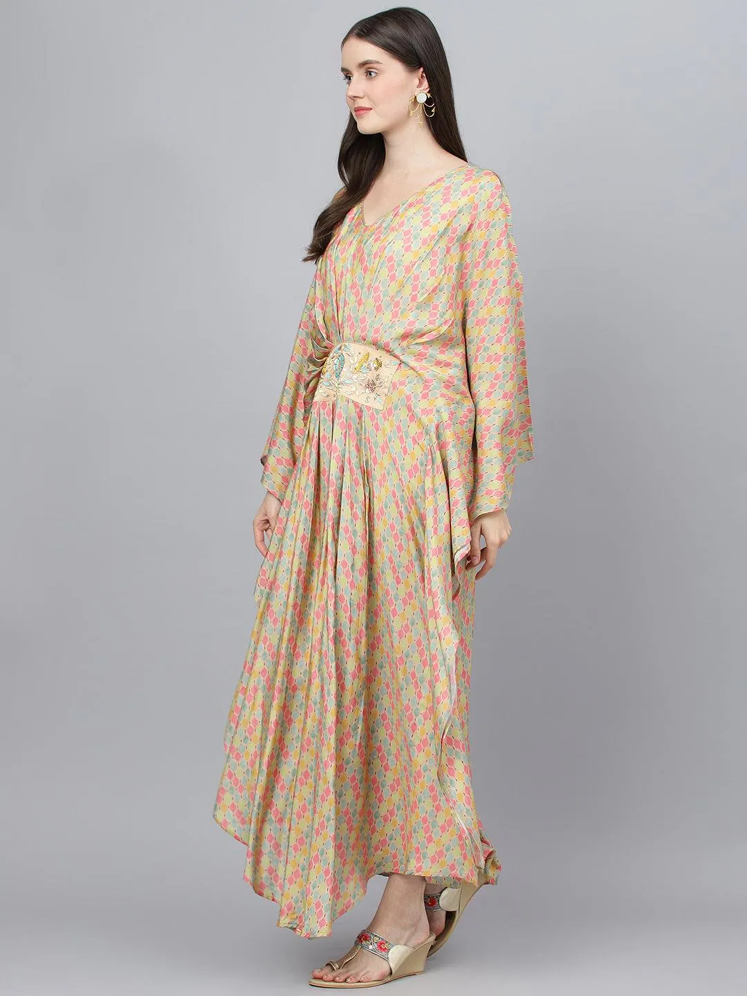Jashvi Multi Color Printed Muslin Flared Kaftan Dress