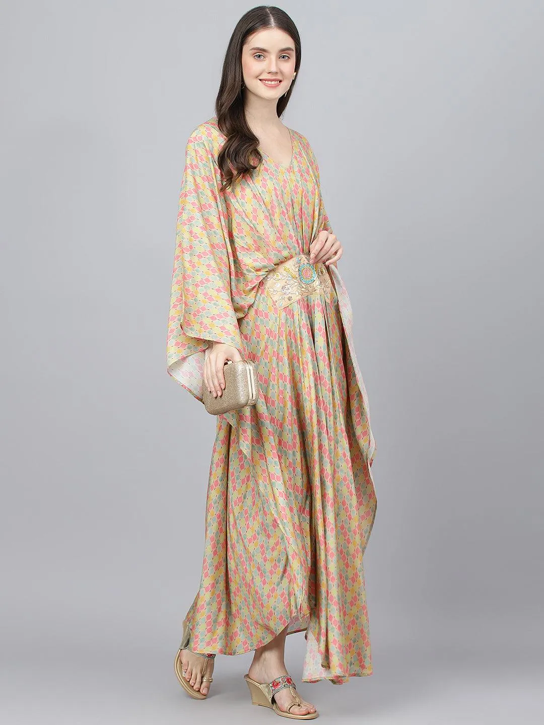 Jashvi Multi Color Printed Muslin Flared Kaftan Dress