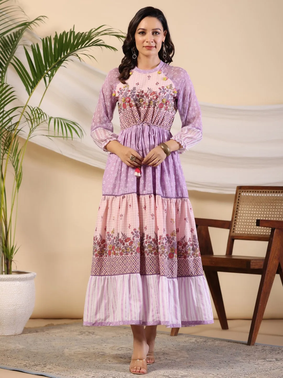 Jashvi Purple Wonderland Cotton & Chiffon Floral Printed Tiered Maxi Dress With Lace & 3D Handwork