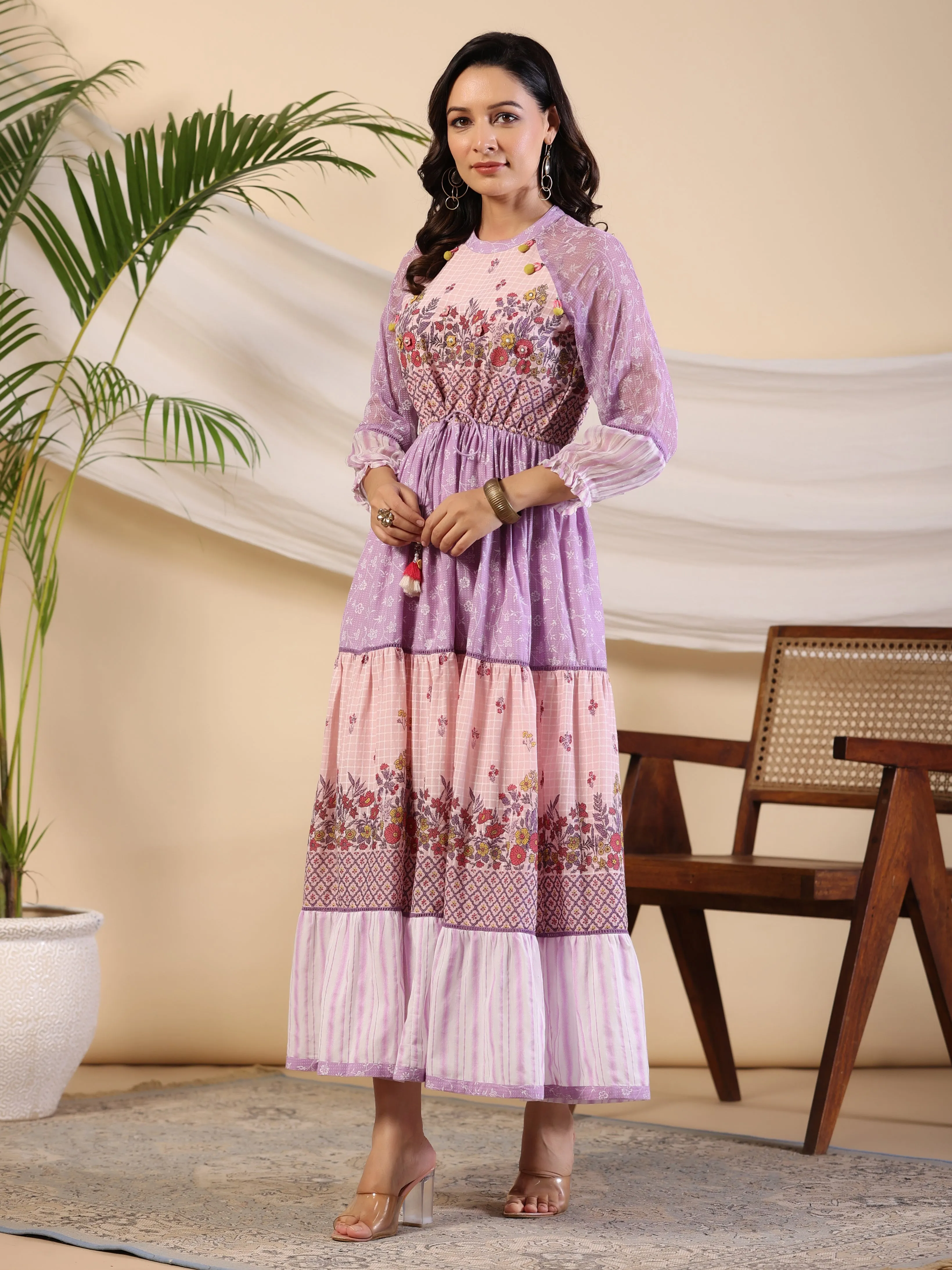 Jashvi Purple Wonderland Cotton & Chiffon Floral Printed Tiered Maxi Dress With Lace & 3D Handwork