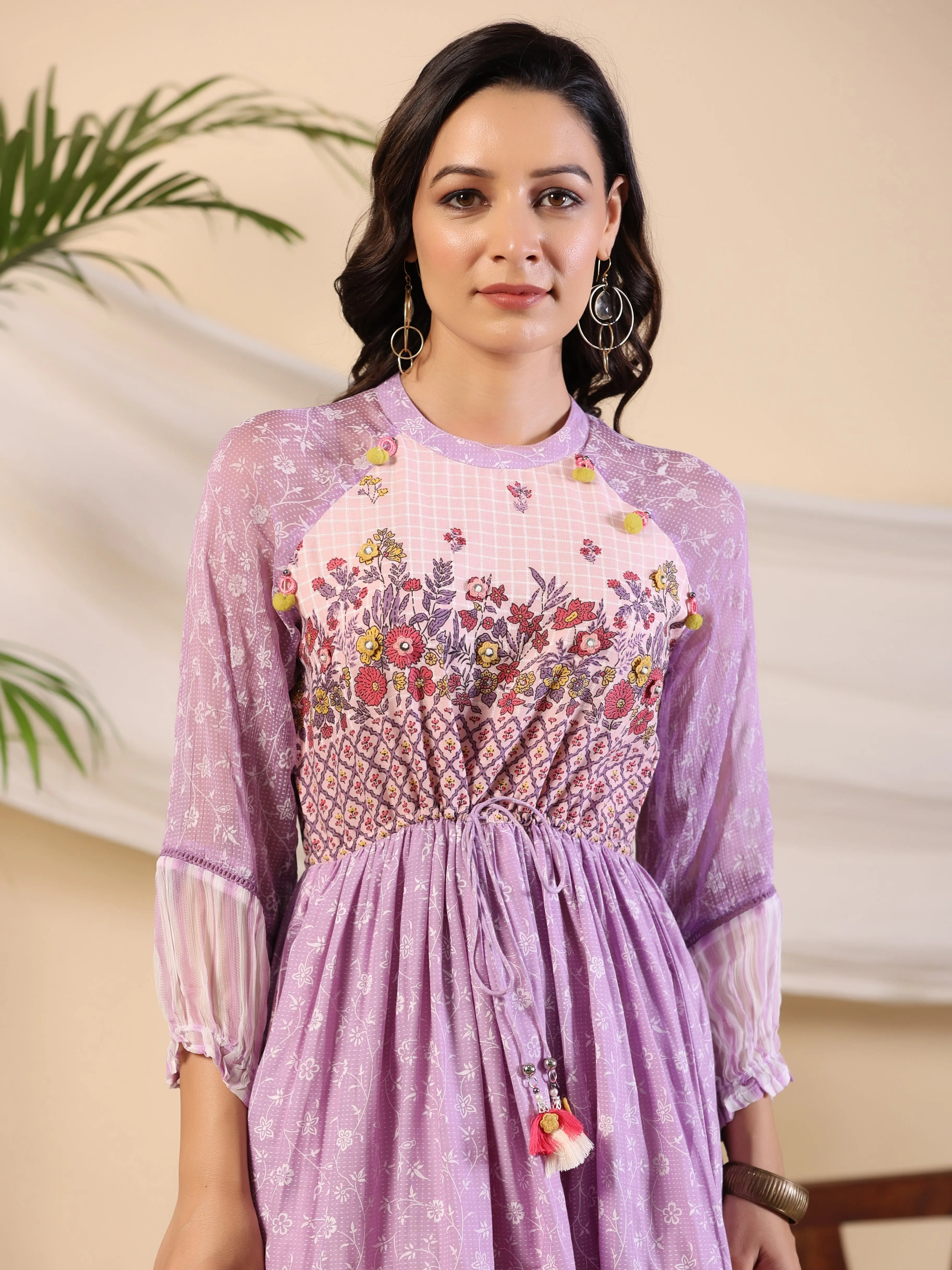 Jashvi Purple Wonderland Cotton & Chiffon Floral Printed Tiered Maxi Dress With Lace & 3D Handwork