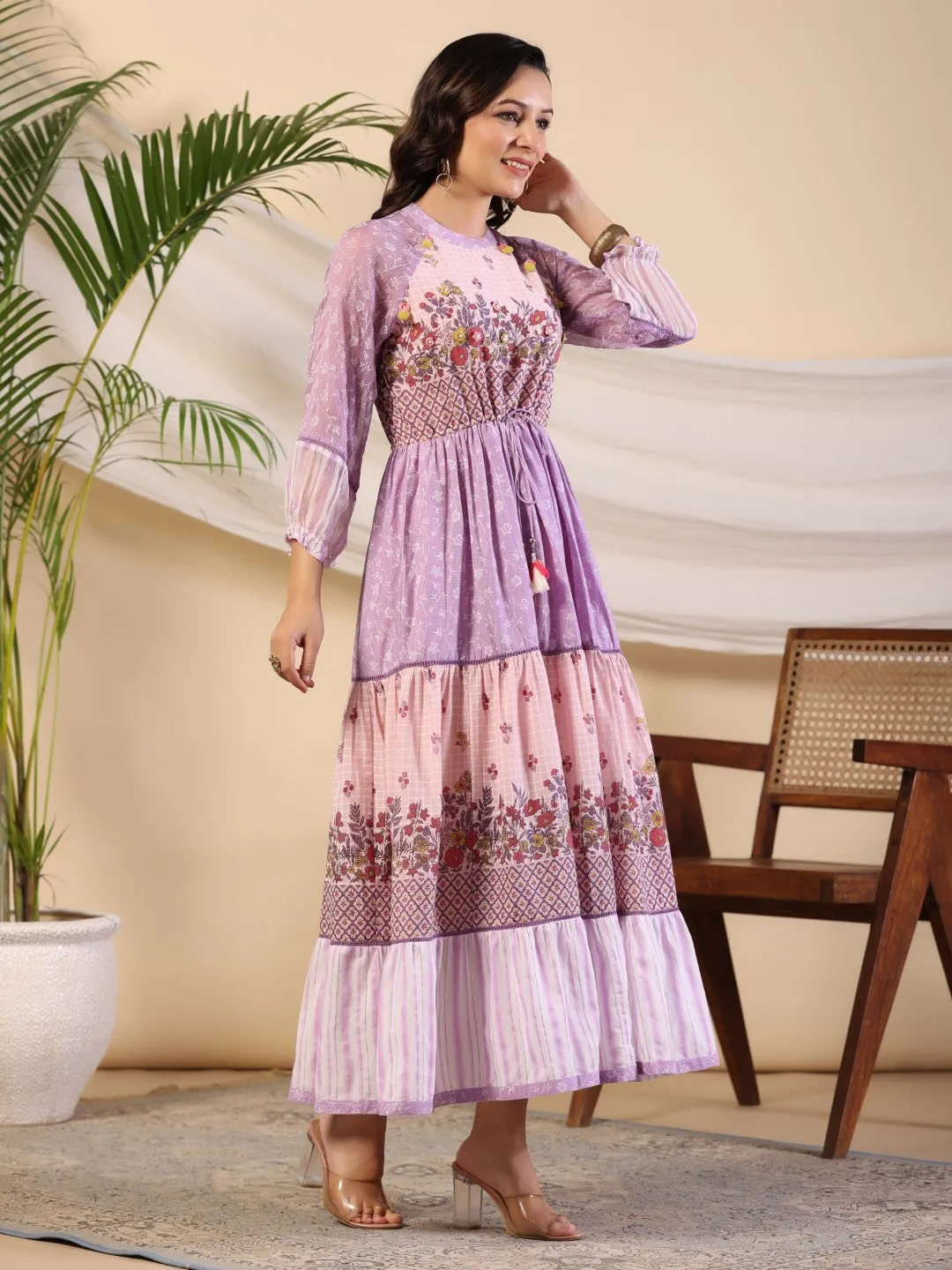 Jashvi Purple Wonderland Cotton & Chiffon Floral Printed Tiered Maxi Dress With Lace & 3D Handwork