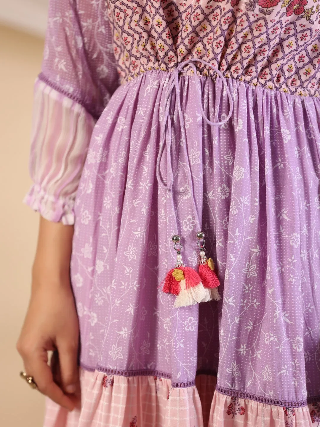Jashvi Purple Wonderland Cotton & Chiffon Floral Printed Tiered Maxi Dress With Lace & 3D Handwork