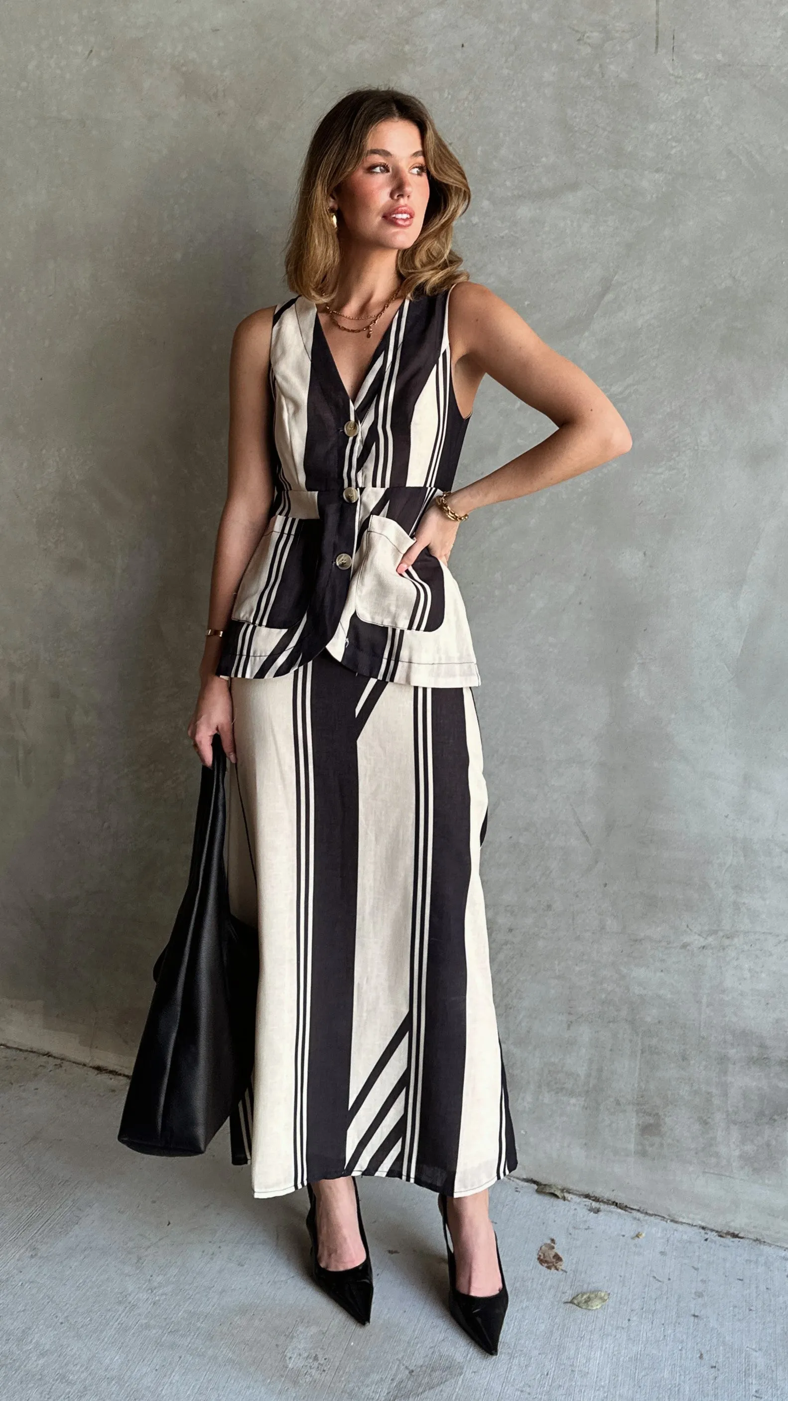 Jayme Midi Skirt - Black / Cream Stripe