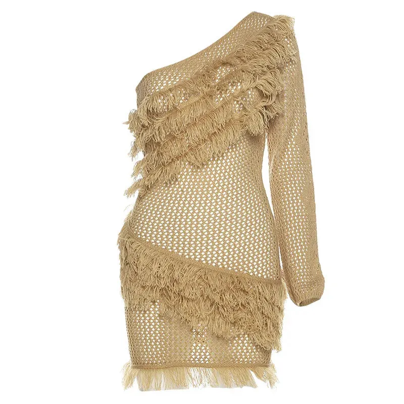 Joskaa Skew Shoulder Single Sleeve Tassel Knit Bodycon Dress Women Sexy Backless Party Mini Dress Fall 2021 Night Club Wear