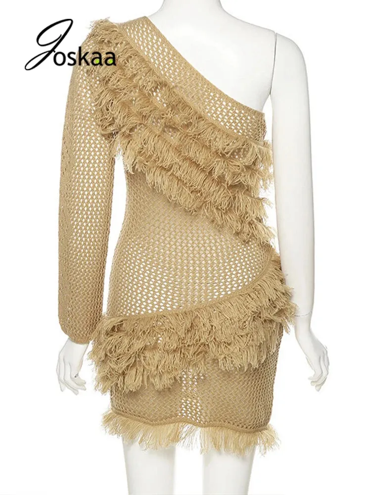 Joskaa Skew Shoulder Single Sleeve Tassel Knit Bodycon Dress Women Sexy Backless Party Mini Dress Fall 2021 Night Club Wear