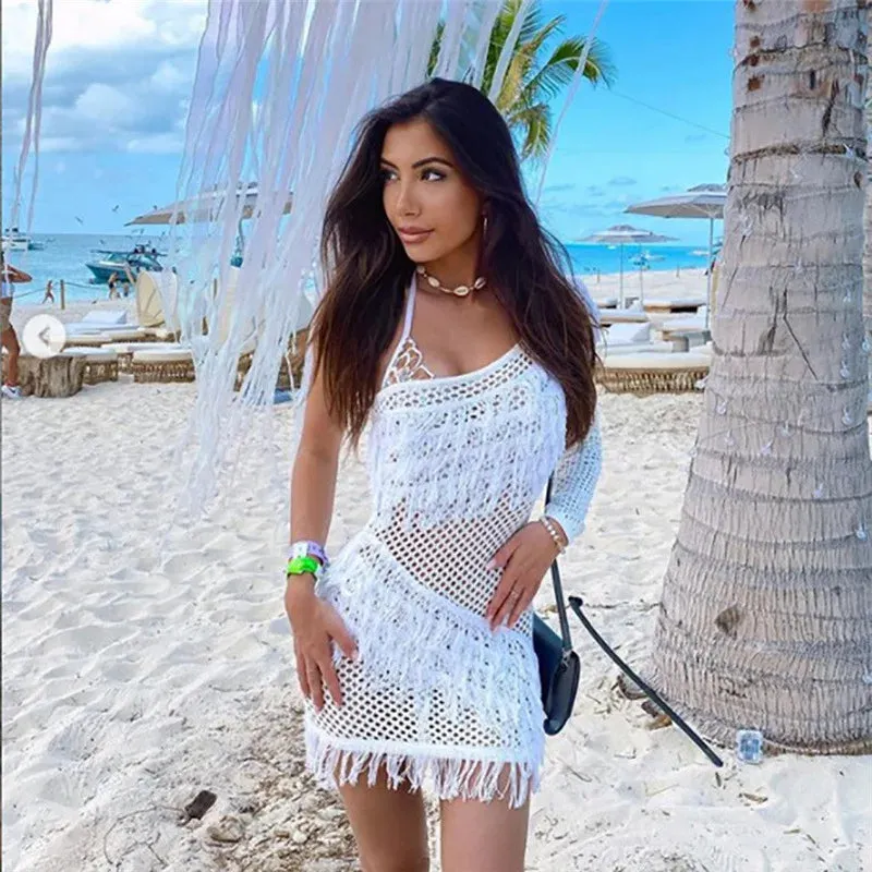 Joskaa Skew Shoulder Single Sleeve Tassel Knit Bodycon Dress Women Sexy Backless Party Mini Dress Fall 2021 Night Club Wear