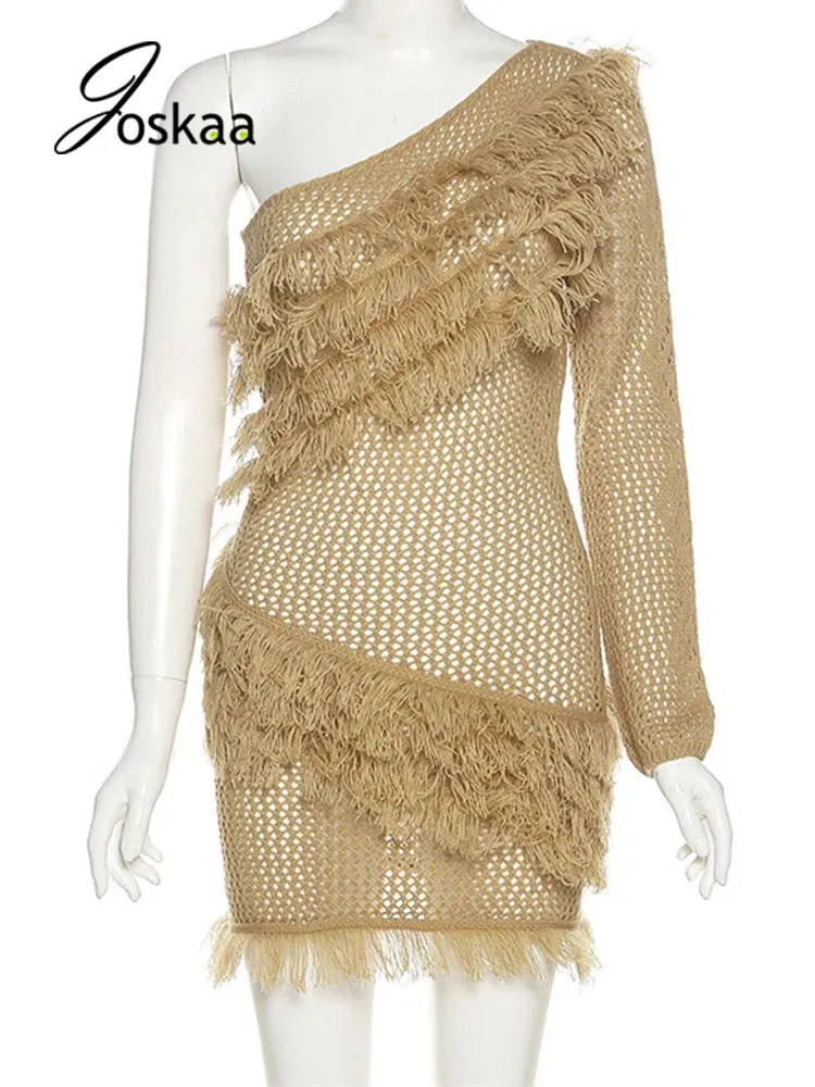 Joskaa Skew Shoulder Single Sleeve Tassel Knit Bodycon Dress Women Sexy Backless Party Mini Dress Fall 2021 Night Club Wear