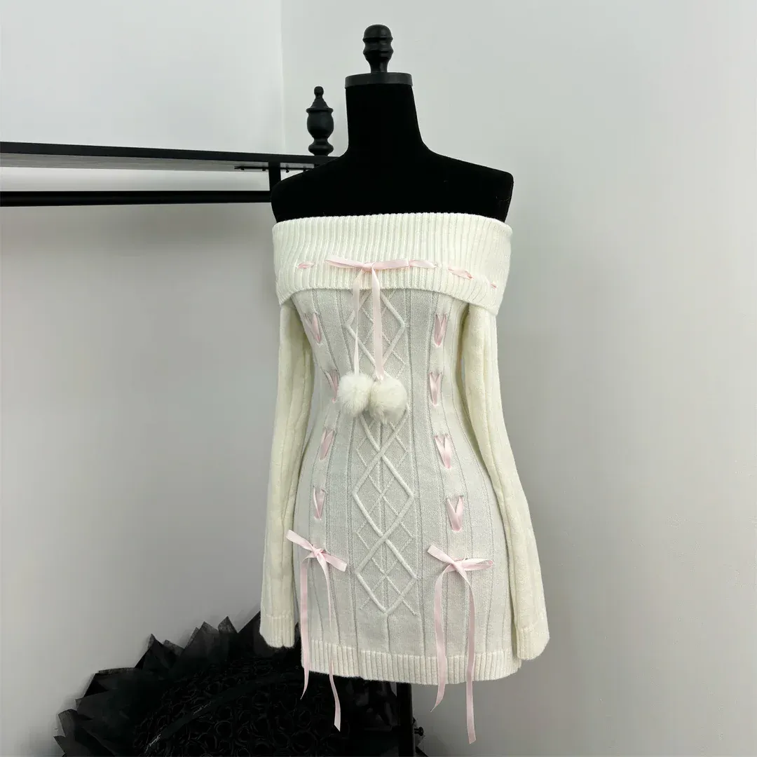Knitted Dress & Detachable Fur Ball Socks Set AD21166