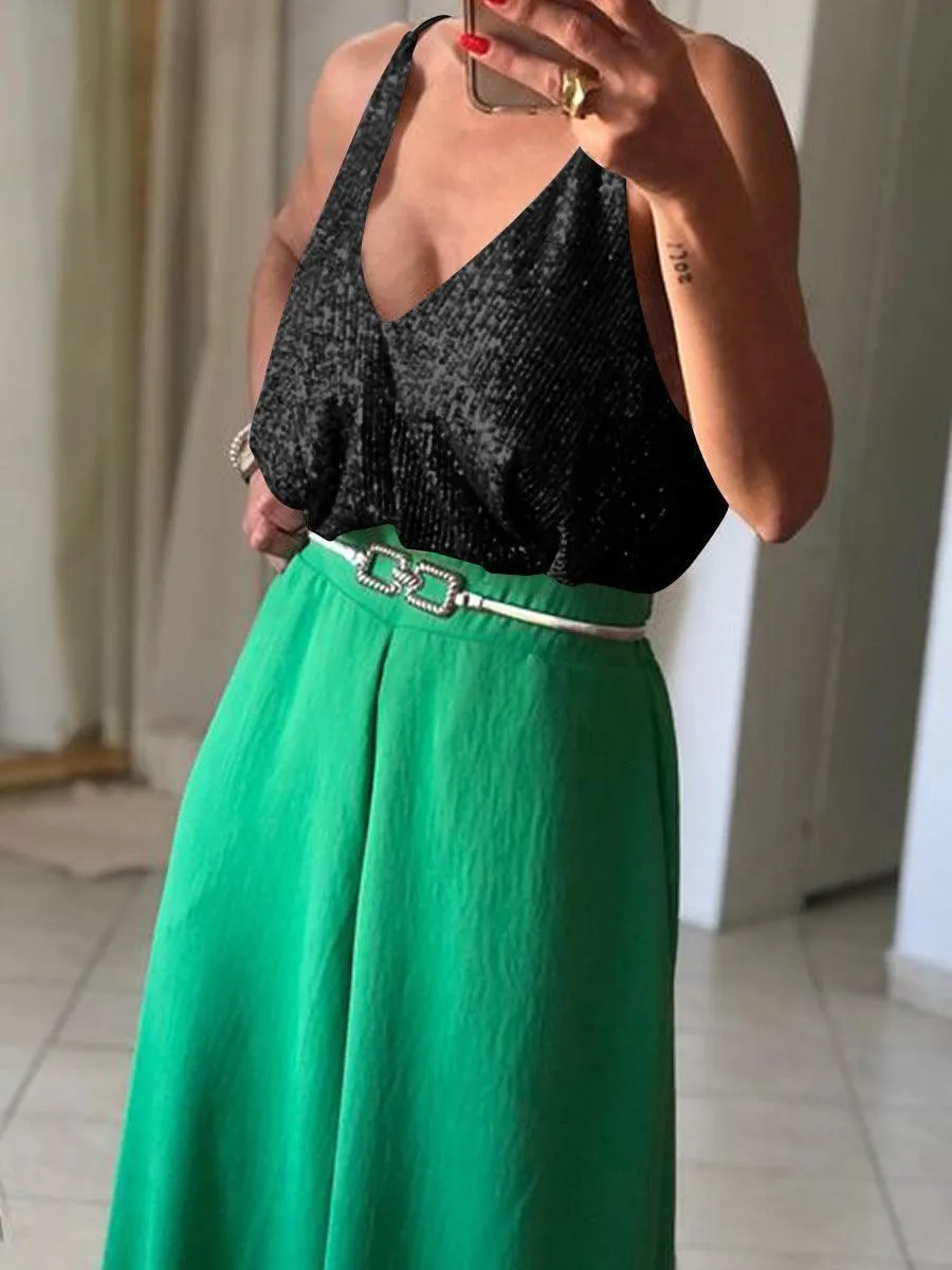 Ladies Sequin Halter Reversible Sexy Elegant Vest ESBY