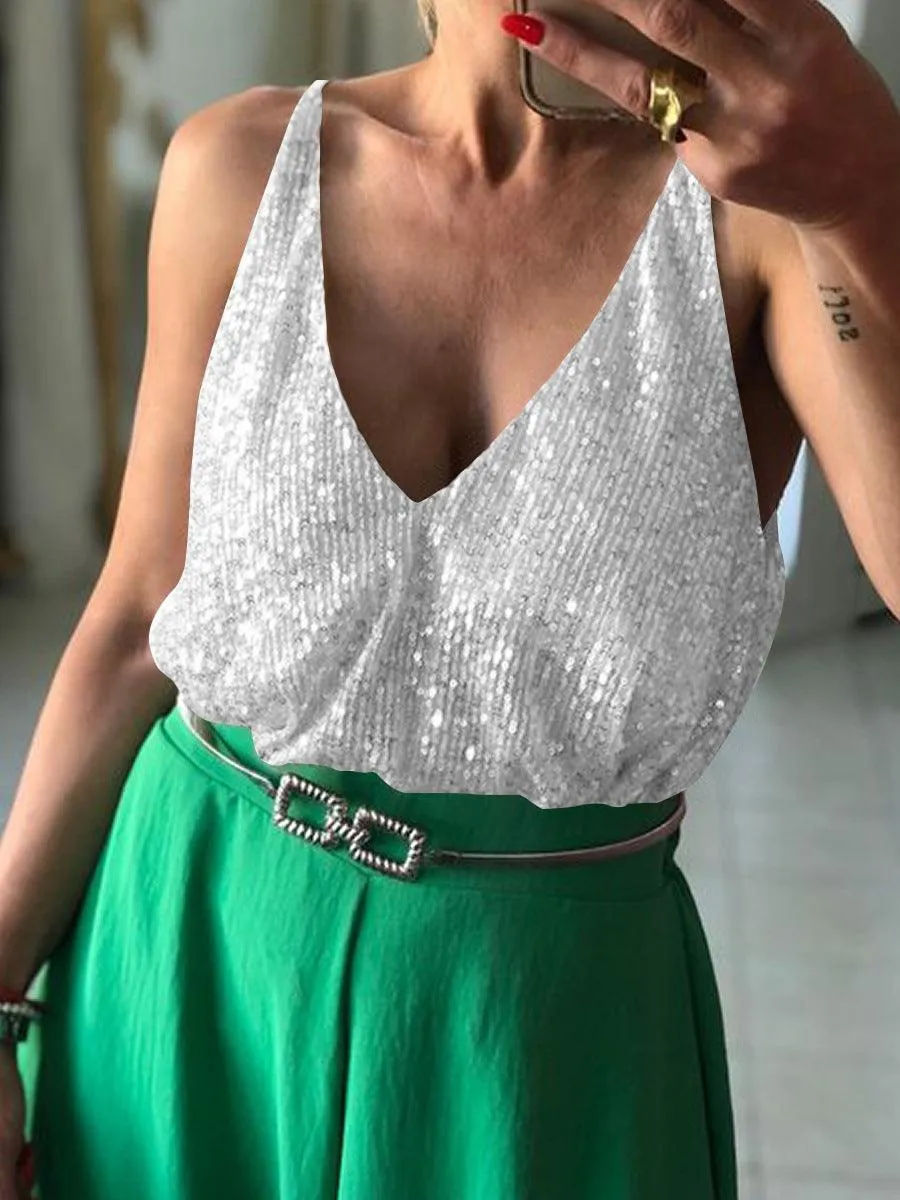 Ladies Sequin Halter Reversible Sexy Elegant Vest ESBY